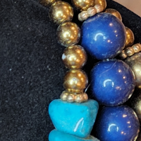 VINTAGE 3 STRAND NECKLACE WITH GLASS,CRYSTAL,PEARL,AND FAUX TURQUOISE - Picture 4 of 6